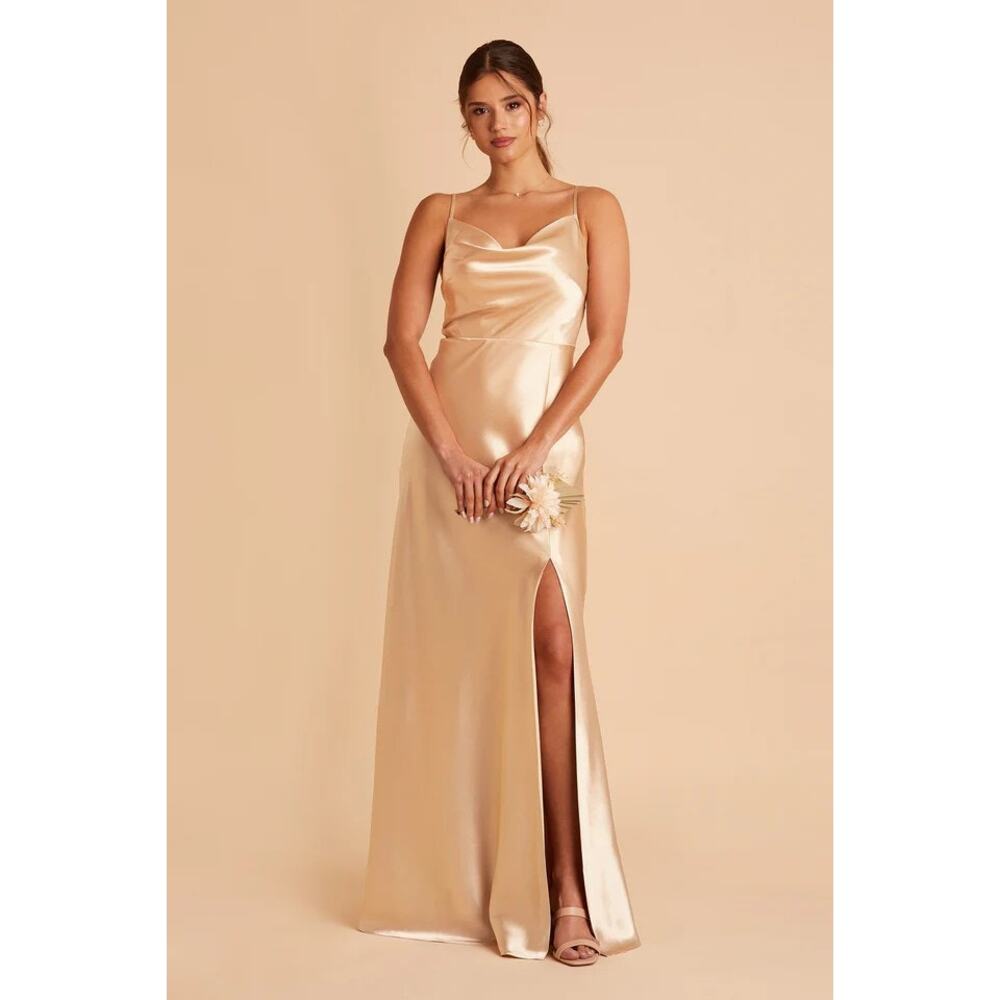 1573 NWT Birdy Grey Lisa Long Shiny Satin Bridesmaid Dress Gold Size Medium